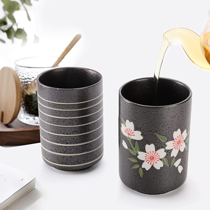 Hedume Set of 2 Japanese Tea Cups, 10oz Ceramic Teacup Mug, Japanese Cherry