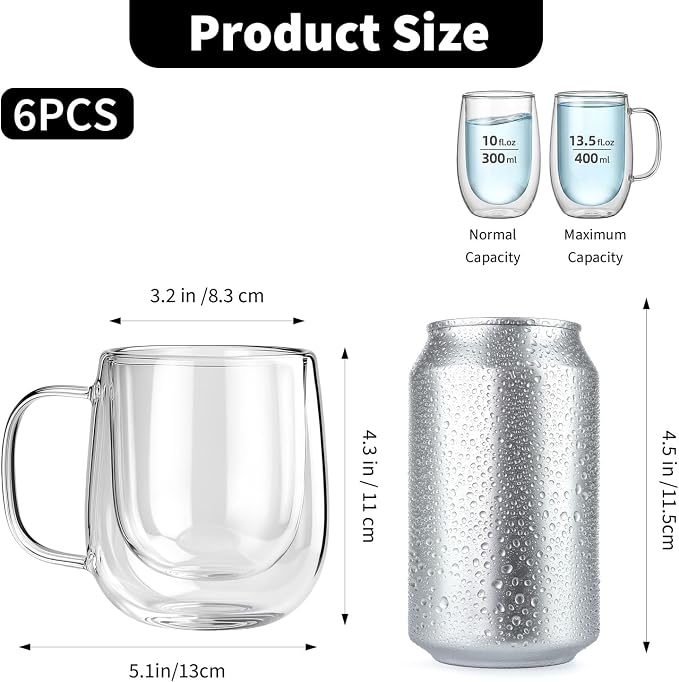 6 Pack Double Wall Glass Mugs 12 oz, Insulated Clear Coffee Cups