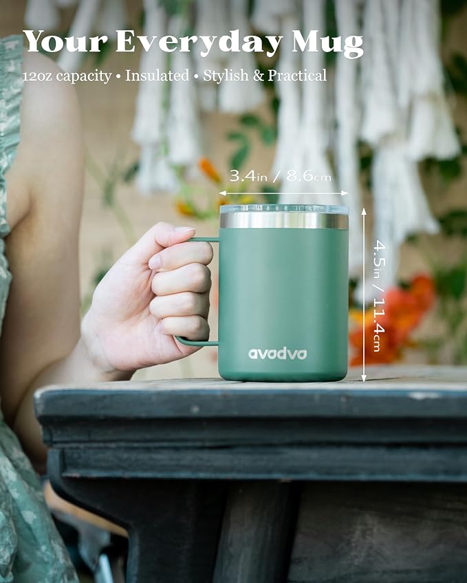 12oz Insulated Coffee Mug with Lid – Includes Two Lids, Stainless Steel Coffee