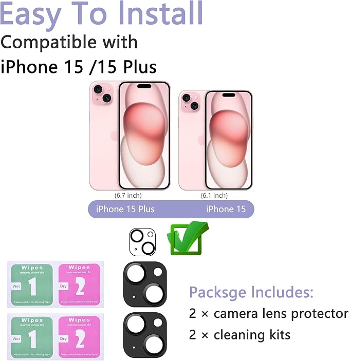 2 Pack Camera Lens Protector for iPhone 15 / iPhone 15 Plus, AR Tempered Glass