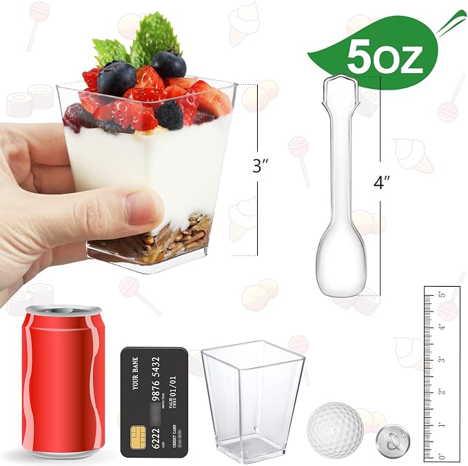 Eupako 100 Pack 5 oz Square Clear Plastic Dessert Cups
