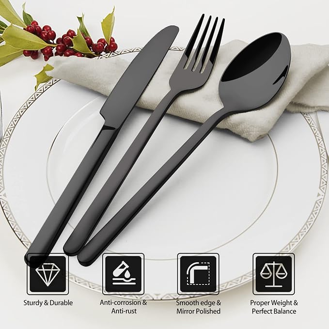 Black Silverware Set, 40 Piece Flatware Set