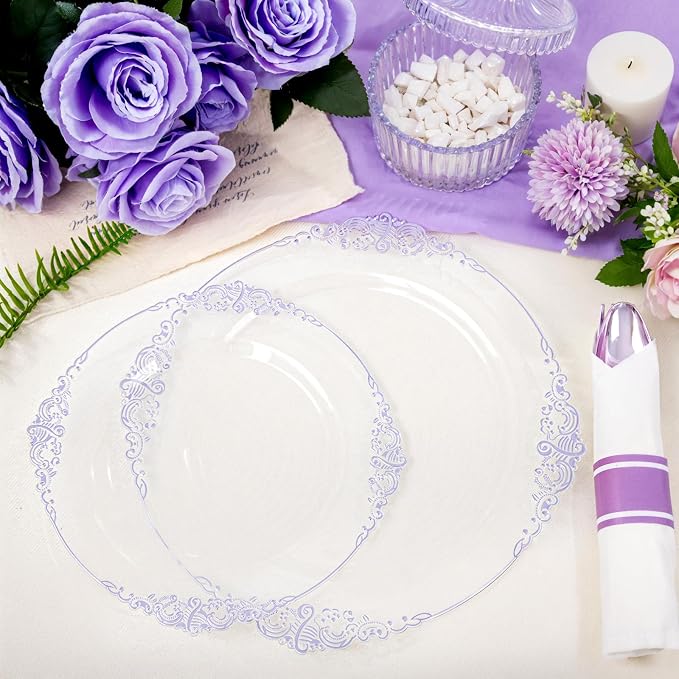 175 Pcs Clear Purple Plates for Party | Party Plates Set for 25 Guests