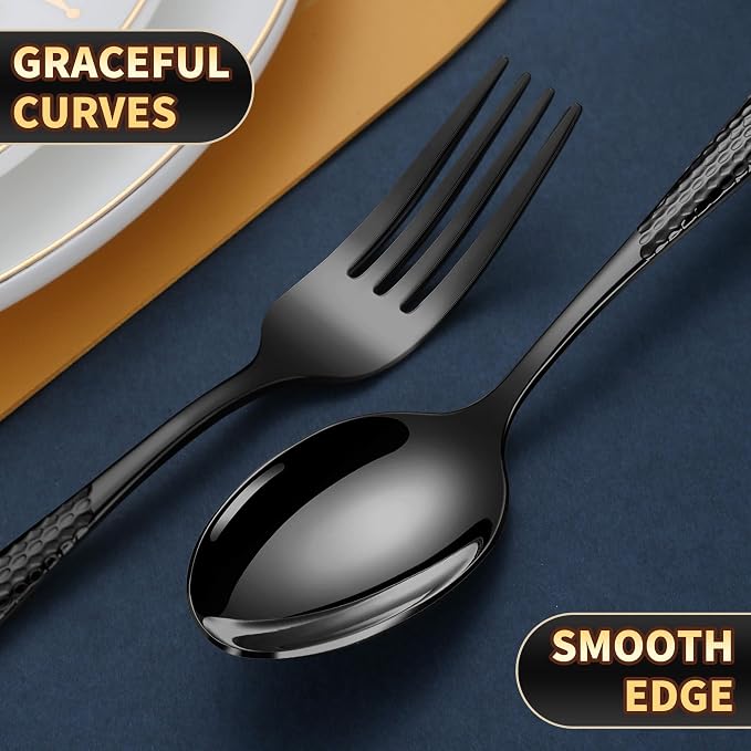 40-Piece Hammered Black Silverware Set