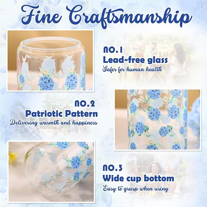 Sliner 2 Pcs Hydrangea Glass Cups Floral Gifts Flower Drinking Glasses 16 oz
