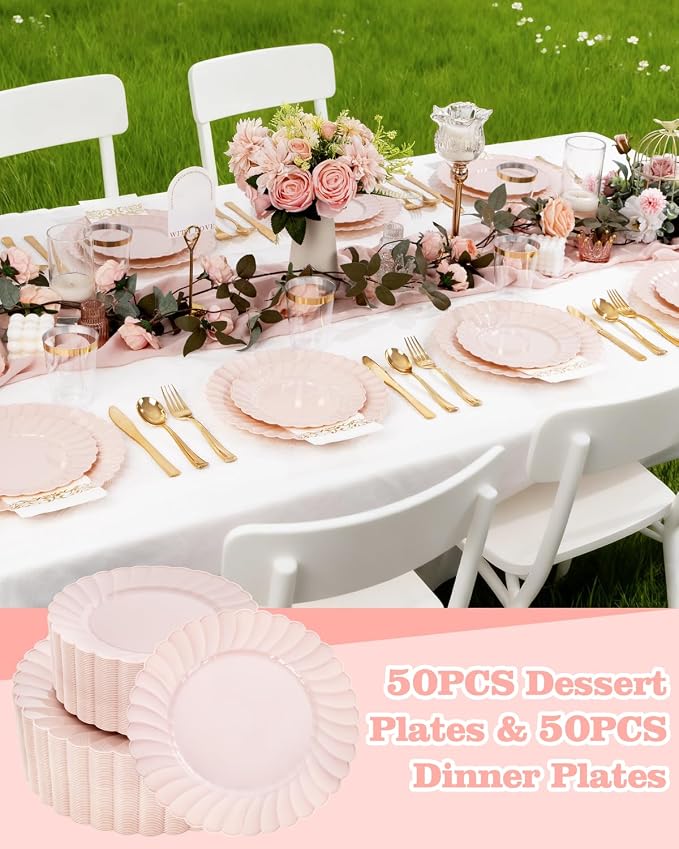 YOUBET 100PCS Pink Scalloped Plastic Plates