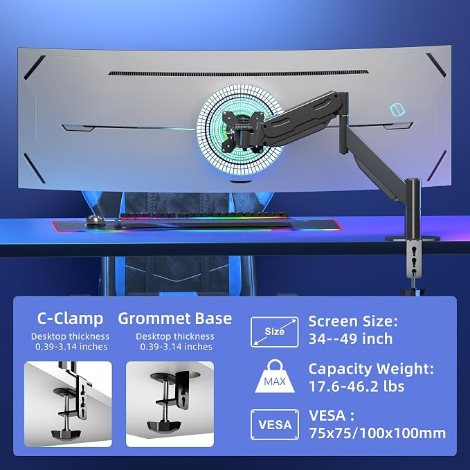 Pholiten Premium Aluminum Heavy Duty Monitor Arm，Ultrawide Monitor Arm
