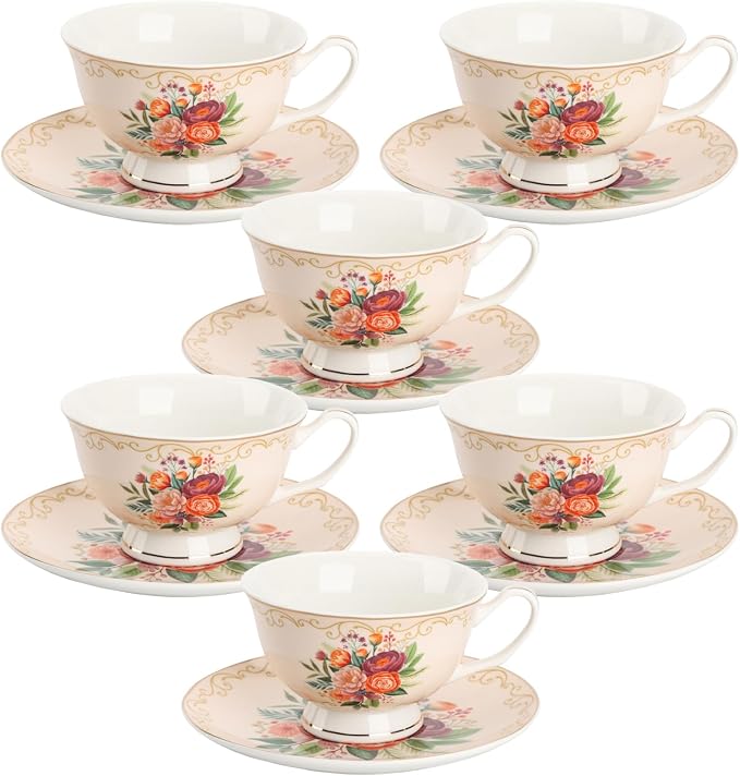 BTaT- Floral Tea Cups and Saucers, 8 oz, Fine Porcelain Teacup Set