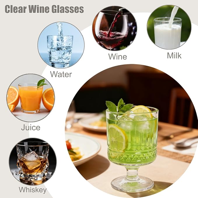 6 Pack Vintage Glass Goblets, 7.5 OZ Small Clear Wine Glasses, Retro Embossed