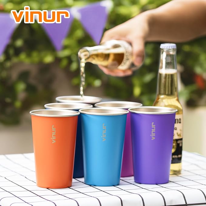 VINUR Stainless Steel Cups 16 oz Metal Drinking Glasses 6 Pcs | Stainless Steel