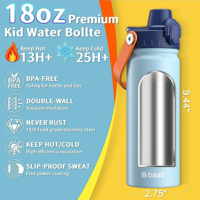 baab 18oz Kids Insulated Water Bottle 18/8 Stainless Steel Kids Cup 2 Pack |