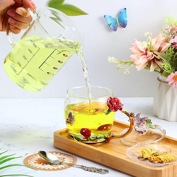 Nuanchu 4 Sets Flower Glass Tea Cups