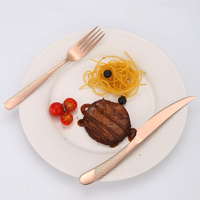 Hammered Flatware Set Copper/Rose Gold Silverware 20 Piece Stainless Steel