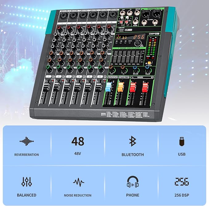 Depusheng PA6 professional DJ audio mixer 6 channel input built-in 256 kinds of