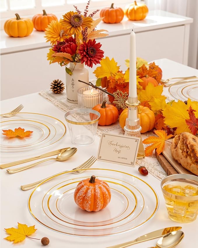 bUCLA 150Pcs Clear Gold Plastic Dinnerware Set