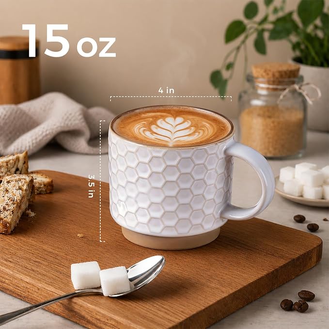 GBhome 15 OZ Stackable Coffee Mugs Set of 4, Ceramic Coffee Cups Set | 4