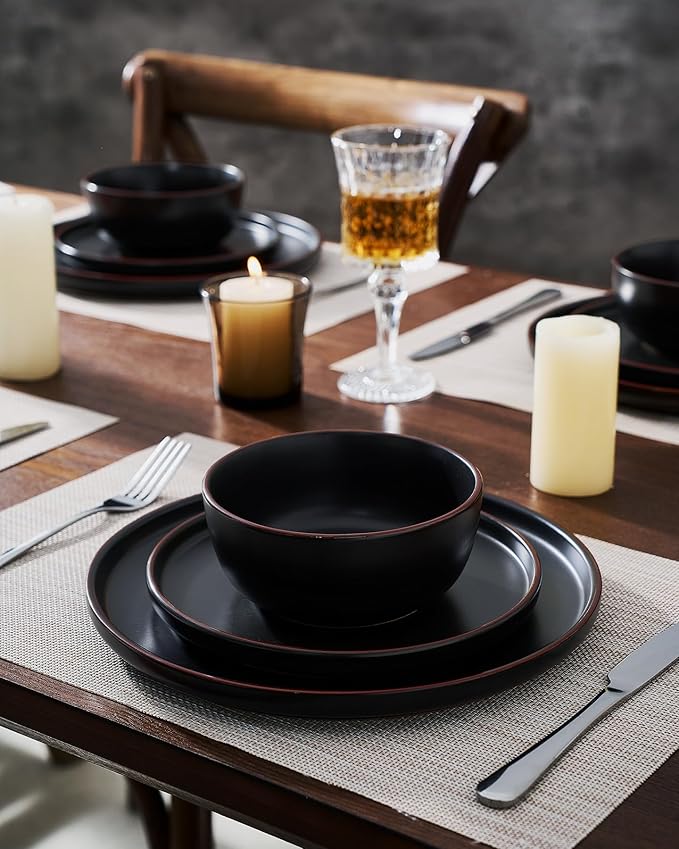 Famiware Mercury 18-Piece Stoneware Dinnerware Set, Matte Black | Plates and