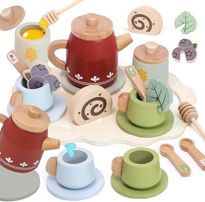 Wooden Tea Set for Little Girls, Play Food Sets for Kids Pretend Play Kitchen