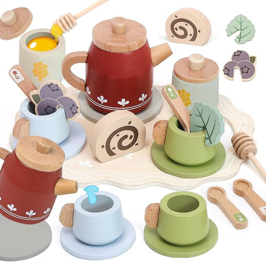 Wooden Tea Set for Little Girls, Play Food Sets for Kids Pretend Play Kitchen