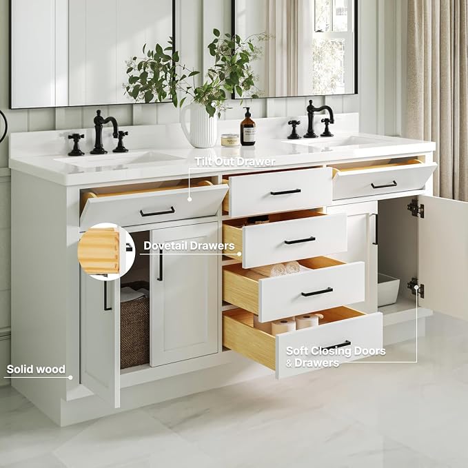 73" White Double Vanity, 1.5" Edge Pure White Quartz Countertop