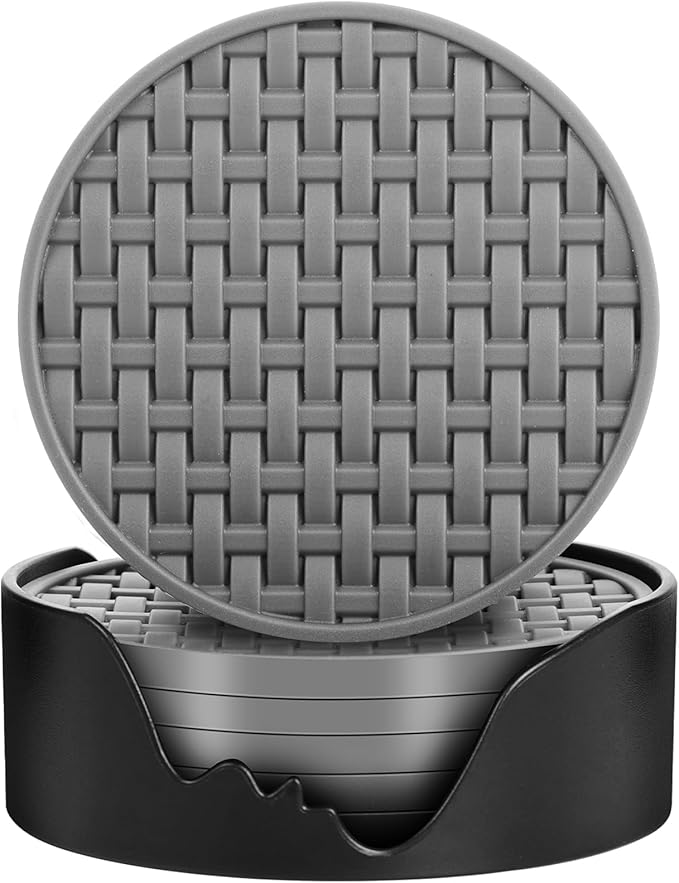 Gray Silicone Coasters with Holder, 4 Inch Non-Slip Drink Coasters Set of 6 |