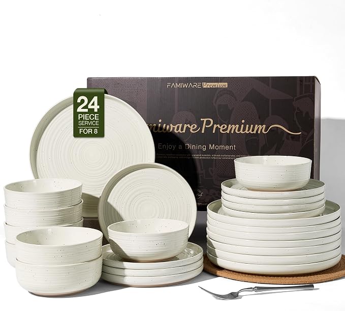 Stoneware Dinnerware Sets for 8, Plates and Bowls, Cream | 24-Piece Ceramic