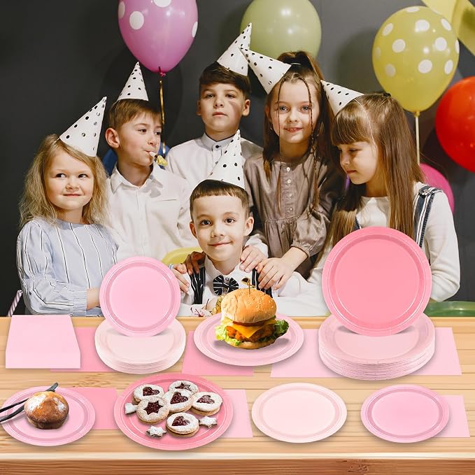 180Pcs Pink Party Supplies Paper Plates and Napkins Serve 60 | Disposable