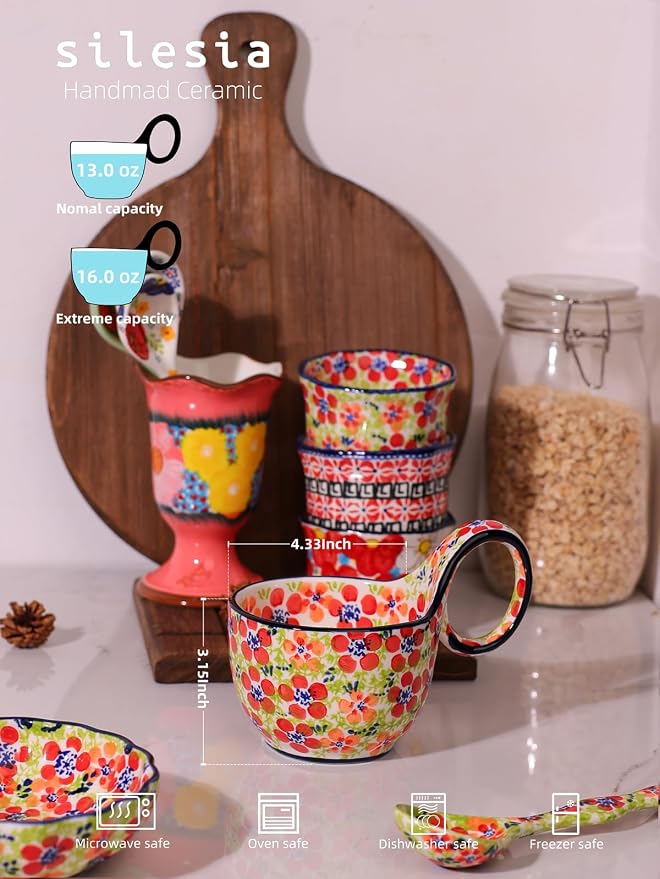 silesia Handmade Loop Handle Soup Bowl, Plate and Spoon Set Ceramic Hand