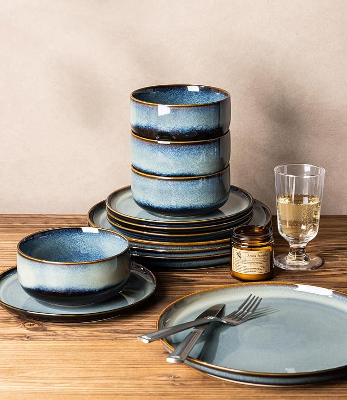 Ceramic Dinnerware Set for 4, 12-Piece Plates and Bowls Set | Handmade Reactive