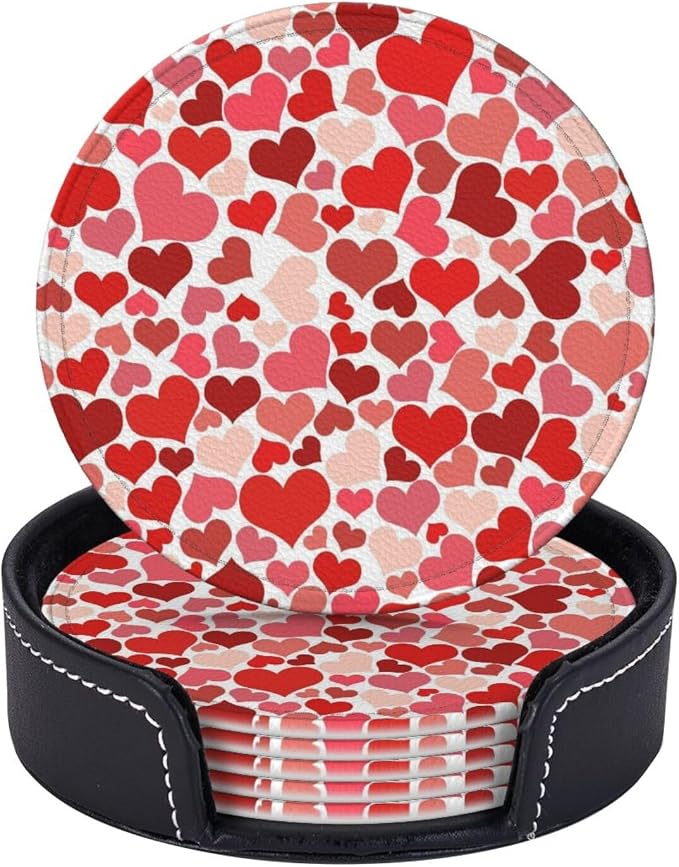Drink Coasters with Holder Stand Set of 6, Heart Shaped Decoration Pu Leather