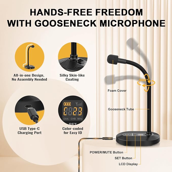 4-Channel Wireless Conference Microphone System, UHF Compact Cordless Mic Set