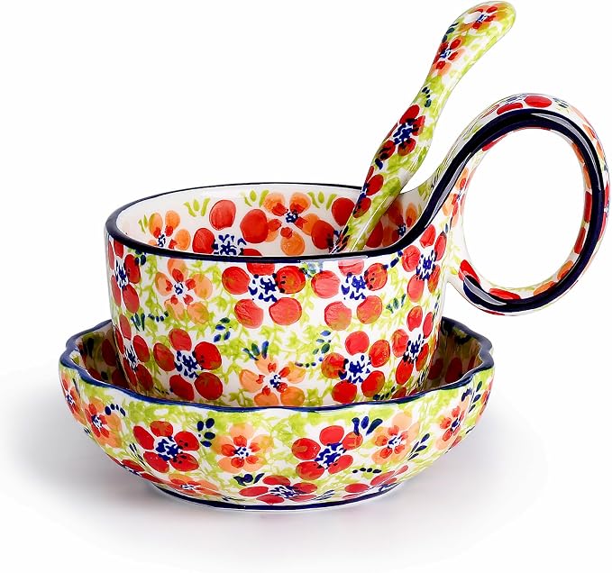 silesia Handmade Loop Handle Soup Bowl, Plate and Spoon Set Ceramic Hand