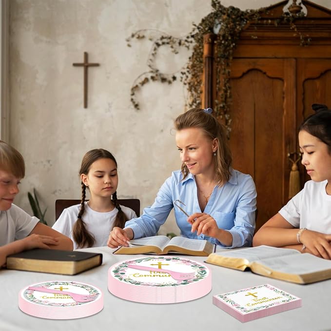 96 Pieces First Communion Floral Tableware Set – Pink Floral Cross Disposable