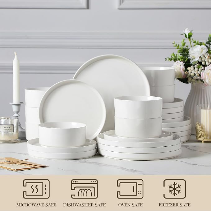 MALACASA 24 Pieces Porcelain Dinnerware Set, Modern White Dish Set