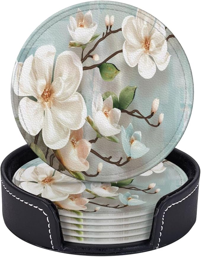 6 Pcs Spring White Blossom Magnolia Flowers Leather Coasters