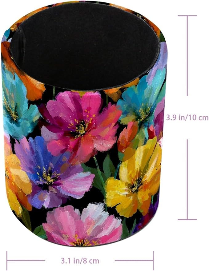 Leather Pen Holder for Desk, Oil Painting Flower Pencil Cup Pen Organizer