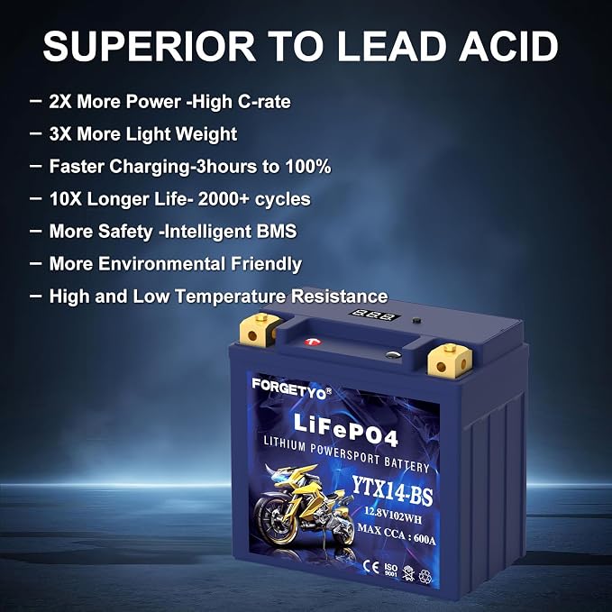 YTX14-BS Lithium Motorcycle Battery, ATV Battery 12V 8AH 600CCA Compatible