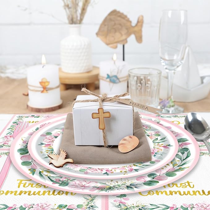 96 Pieces First Communion Floral Tableware Set – Pink Floral Cross Disposable