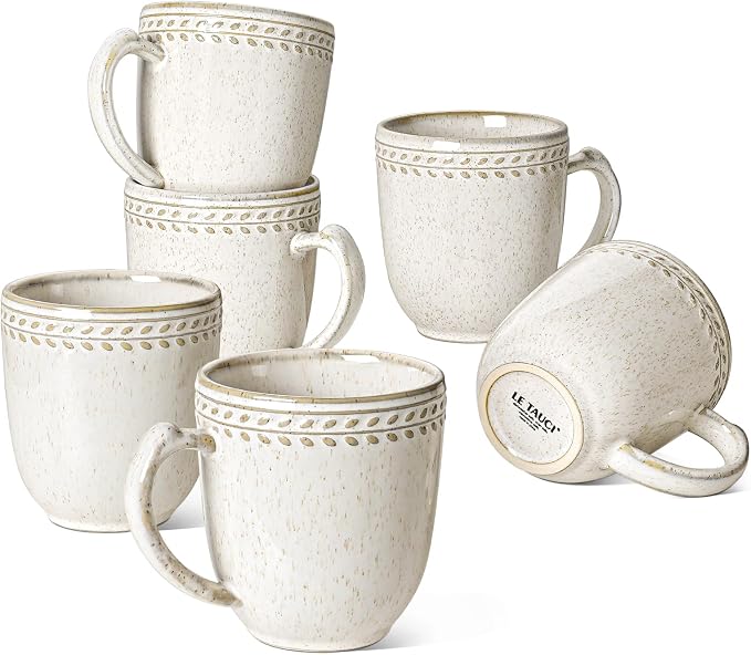LE TAUCI Coffee Mugs 12 oz, Ceramic Mug Set, Embossment Cups