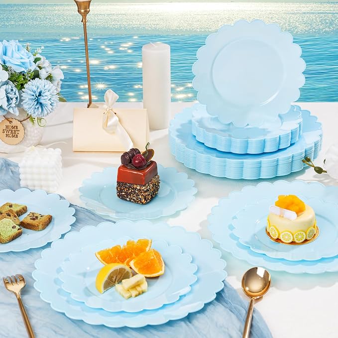 100Pcs Blue Scalloped Plastic Plates Set