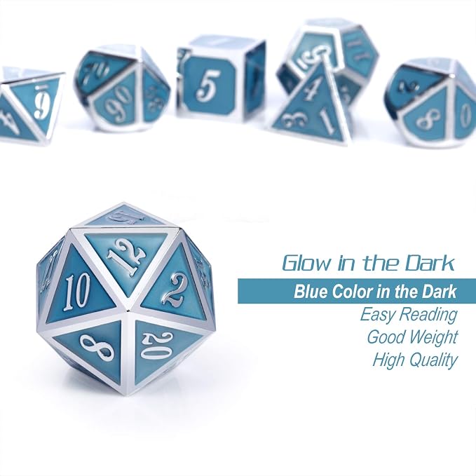 DnDnD Glowing DND Metal Dice Set, Luminous Blue Metal Dice