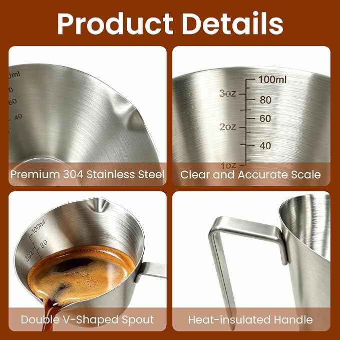 2 Pc Stainless Steel Espresso Shot Cups, 3.4oz/100ml, V-Shaped Mouth