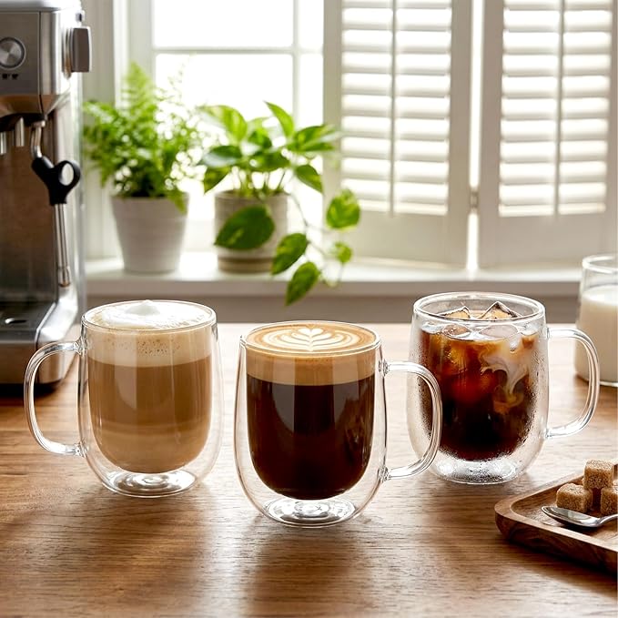 6 Pack Double Wall Glass Mugs 12 oz, Insulated Clear Coffee Cups