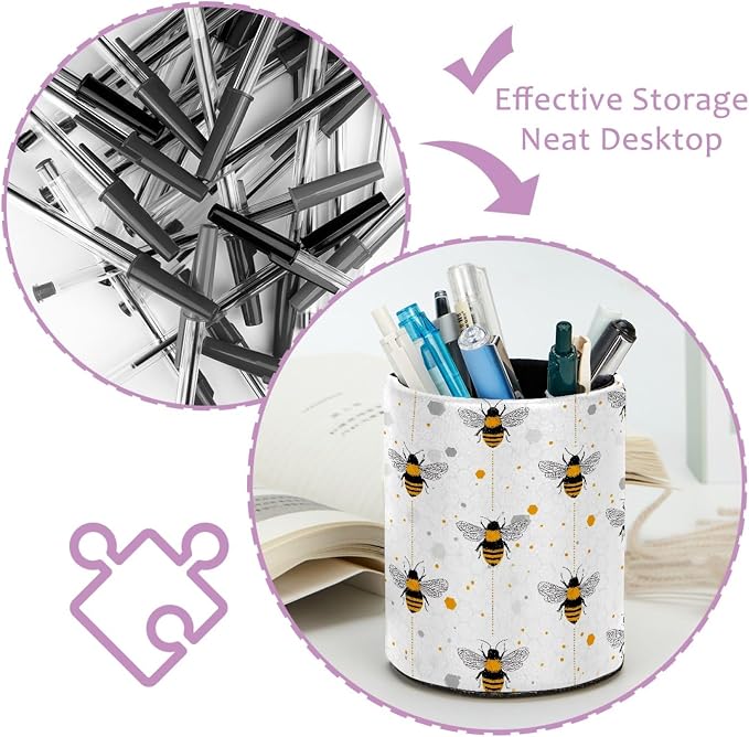 Leather Pen Holder for Desk, Bees Pencil Cup Pen Organizer Makeup Brush Holder
