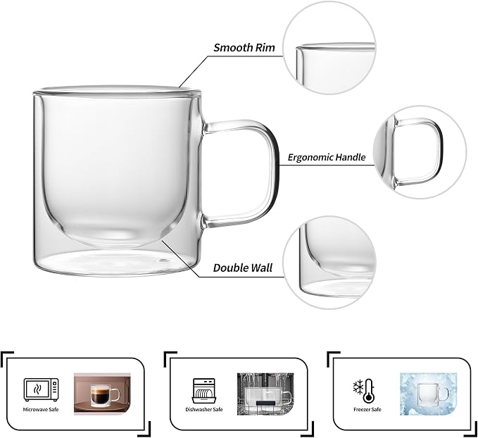 NIRA.Z 12 OZ Double Walled Glass Coffee Mugs Set of 2 Clear Coffee Cups