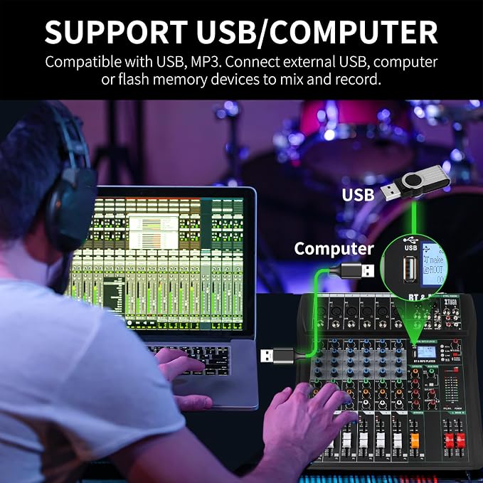 XTUGA 6 Channel Audio Mixer Sound Board Mixing Console, Audio Interface PC USB