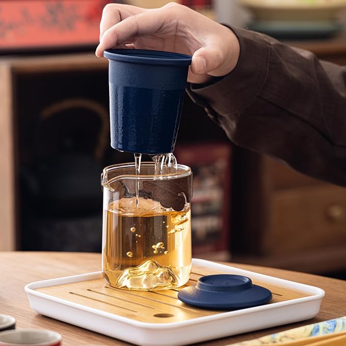 Portable Gongfu Tea Set with Travel Case, Ceramic Tea Set with Glass Teapot