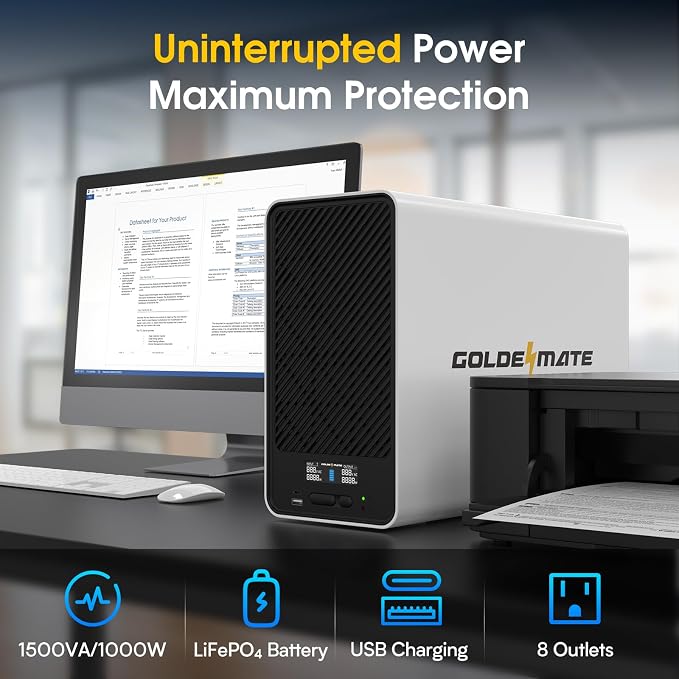 1500VA/1000W Lithium UPS Battery Backup and Surge Protector, Backup Battery
