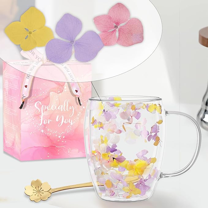 Double Wall Glass Coffee Mugs, Aesthetic Dried Flowers Cups