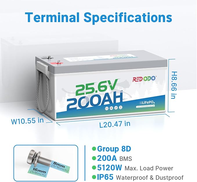 Redodo 24V 200Ah LiFePO4 Lithium Battery, Built in 200A BMS, Max. 5120Wh Energy